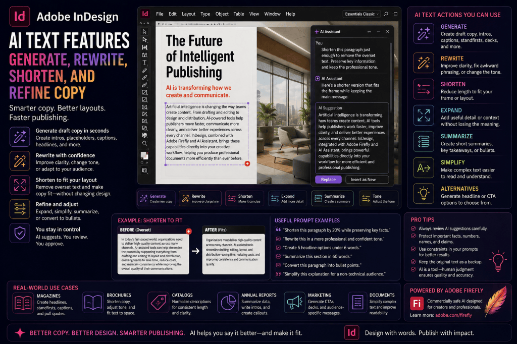 Adobe InDesign AI Text Features: Generate, Rewrite, Shorten, and Refine Copy
